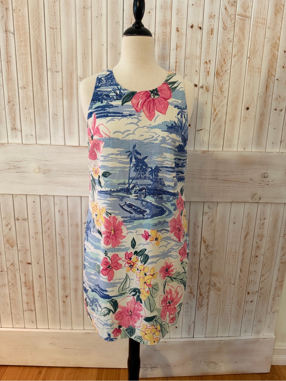 Tommy Bahama Blue, Pink & Cream Floral Sleeveless Shift Dress 100% Silk